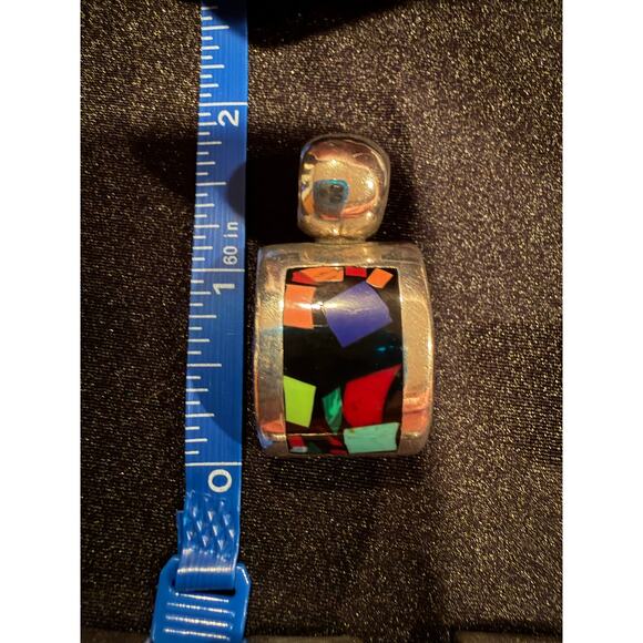 Mexican Sterling Silver 925 ATI Multi-Stone Inlay Mosaic Toggle Bracelet - Picture 9 of 15